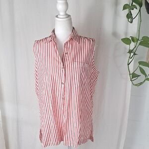 Vntg Cotton Striped Sleeveless Red White Button Down Collar Shirt Sz L